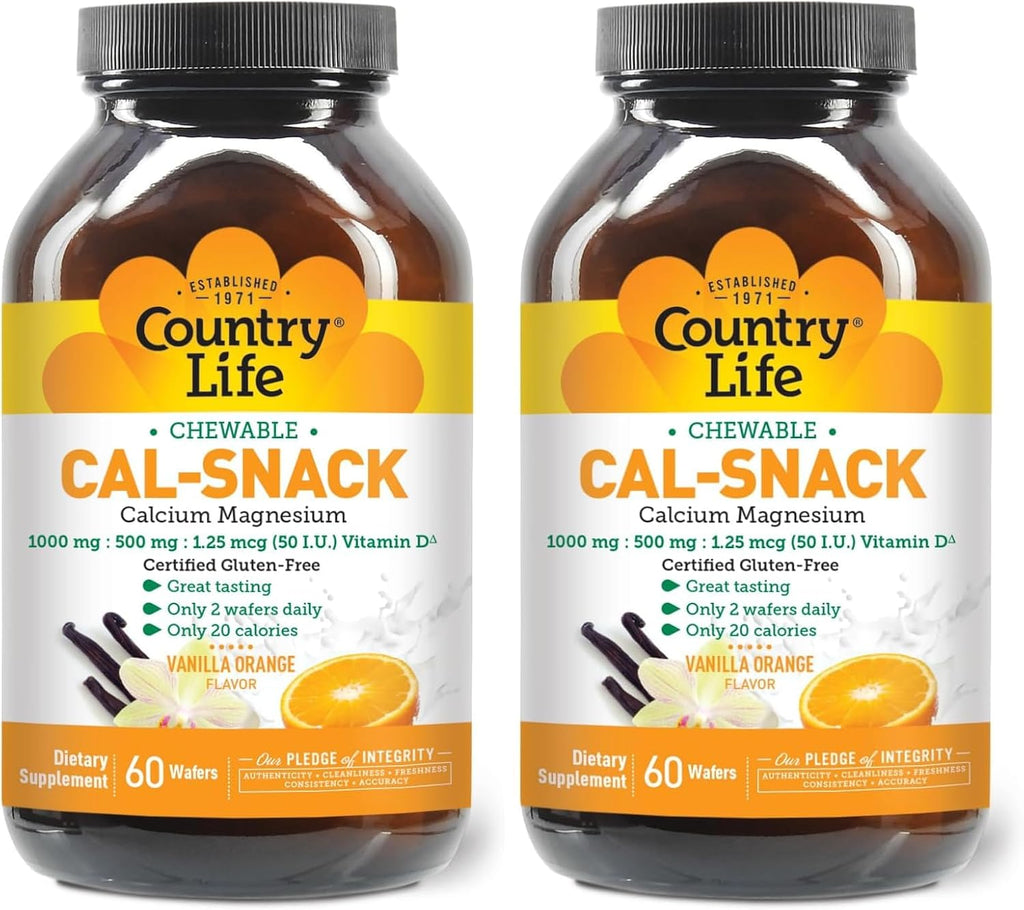 Country Life Cal-Snack - Comprimidos Masticables de Calcio y Magnesio con Vitamina D3, Sabor Naranja Vainilla