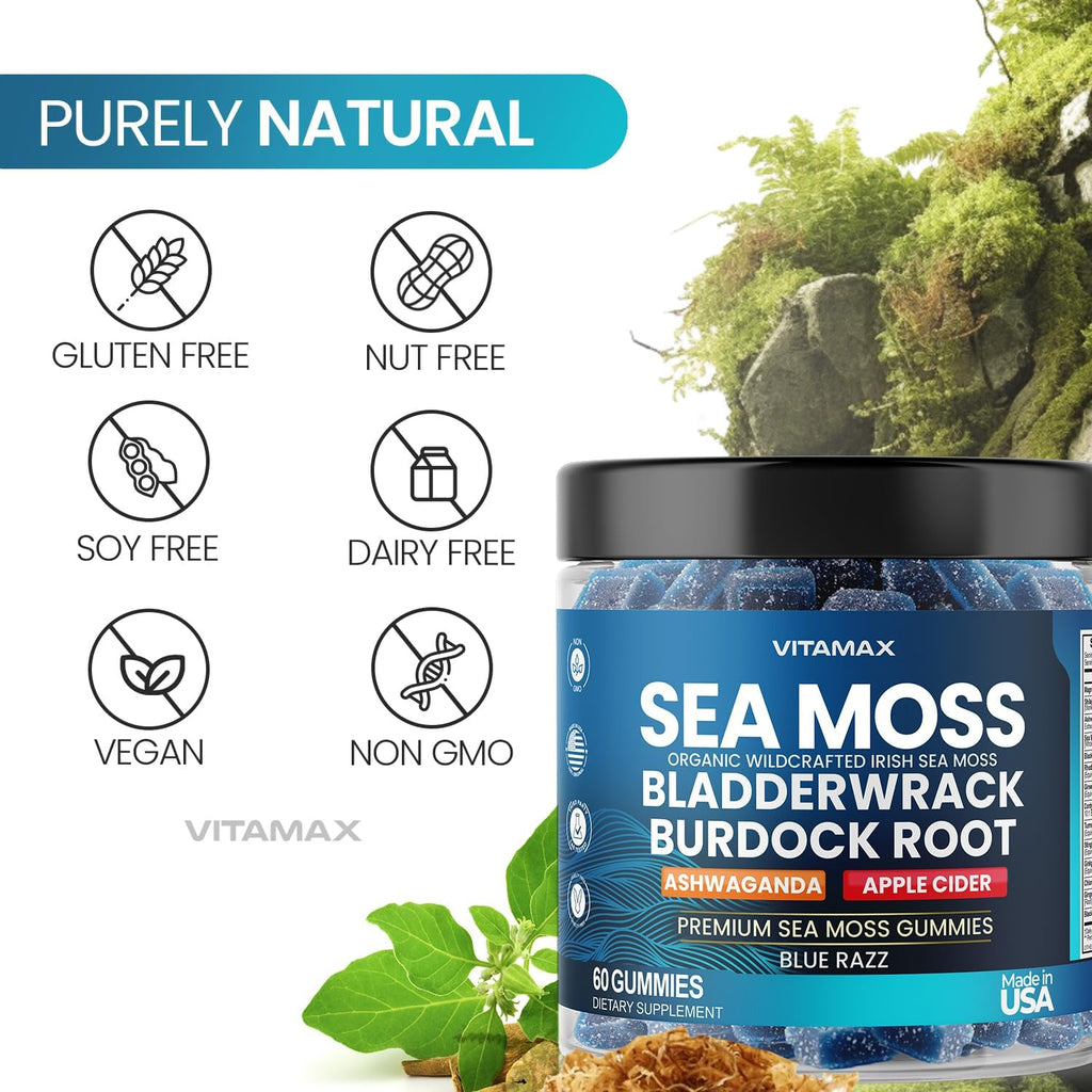 Vitamax Gominolas de Irish Sea Moss - Suplemento Multimineral con Bladderwrack, Ashwagandha, Raíz de Bardana y Vinagre de Manzana - Vegano y No GMO - 60 Gominolas