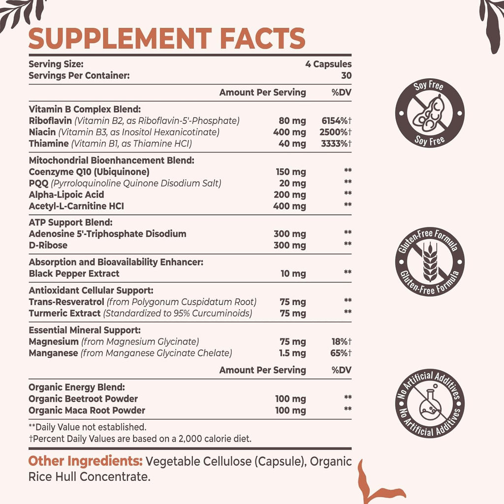 Resciency Suplemento Mitocondrial 2326 mg - ATP, CoQ10, PQQ, Vitaminas - 120 Cápsulas