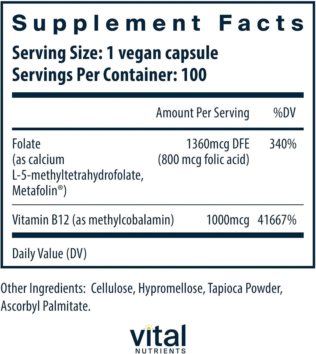 Vital Nutrients Vitamina B12 y Metilfolato - 100 Cápsulas - Metilcobalamina y 5-MTHF