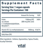 Vital Nutrients Vitamina B12 y Metilfolato - 100 Cápsulas - Metilcobalamina y 5-MTHF