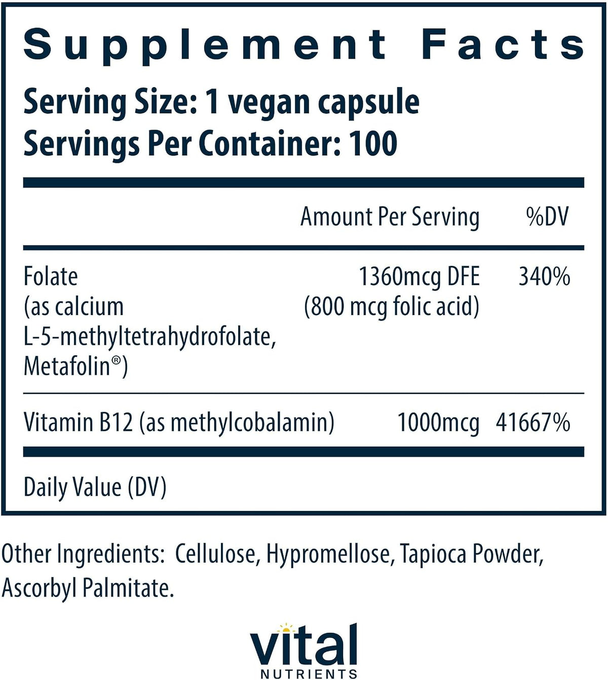 Vital Nutrients Vitamina B12 y Metilfolato - 100 Cápsulas - Metilcobalamina y 5-MTHF – Image 2