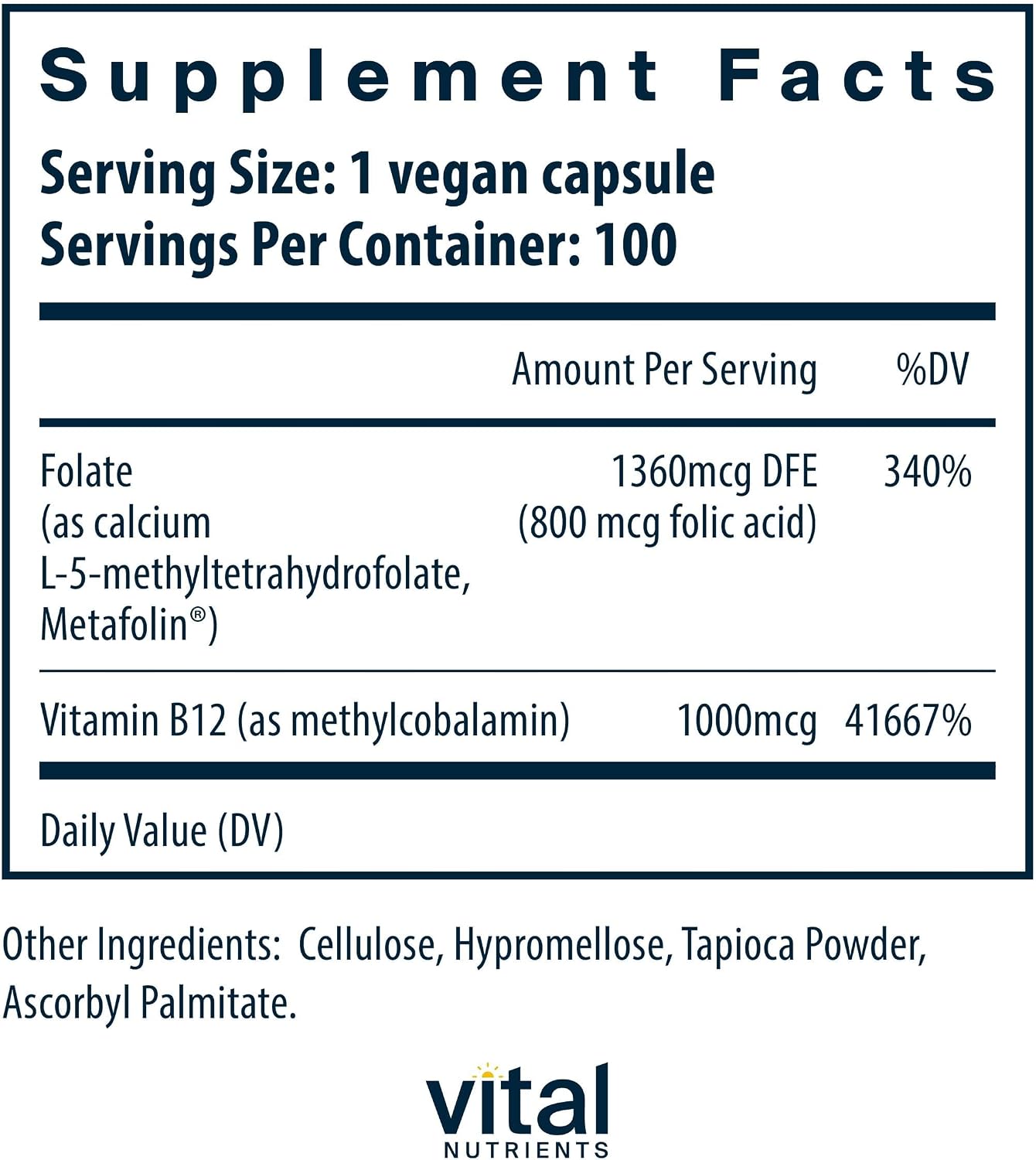 Vital Nutrients Vitamina B12 y Metilfolato - 100 Cápsulas - Metilcobalamina y 5-MTHF