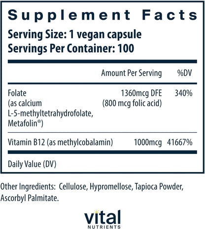 Vital Nutrients Vitamina B12 y Metilfolato - 100 Cápsulas - Metilcobalamina y 5-MTHF – Image 2