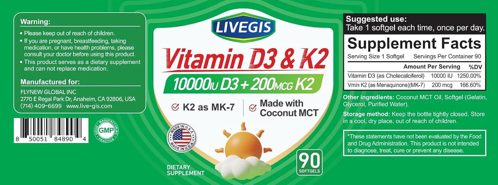 LIVEGIS Vitamina D3 K2 Softgels, D3 10000 UI con K2 (MK-7) 200 mcg, 90 cápsulas