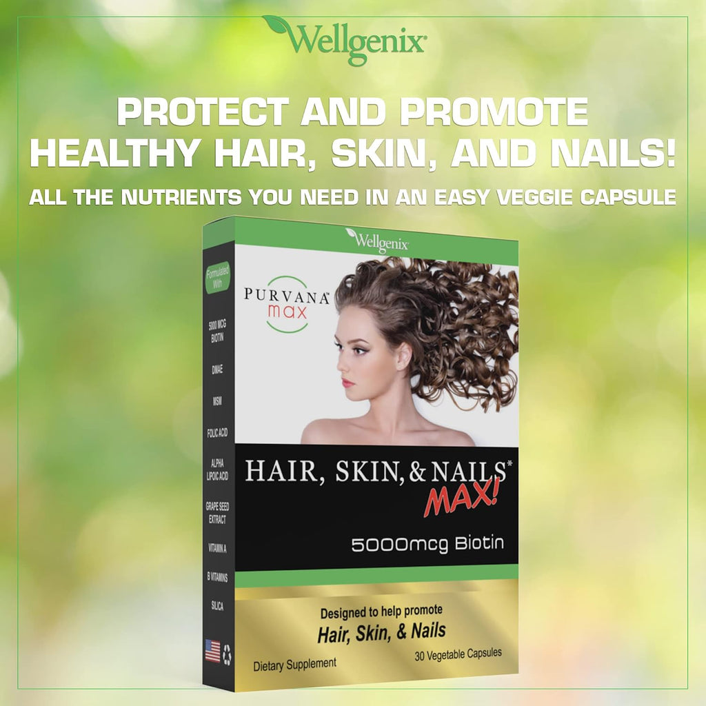 Wellgenix Purvana MAX – Biotina 5000mcg con MSM y Complejo B – Contribuye al Mantenimiento del Cabello, Piel y Uñas – 60 Cápsulas Veganas (Pack de 2)
