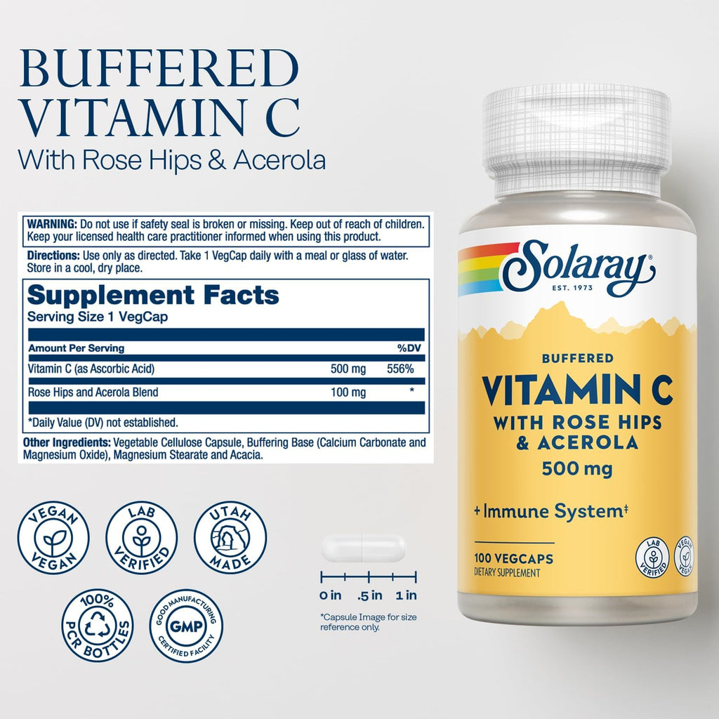 SOLARAY Vitamina C Tamponada 500 mg con Escaramujo y Acerola - 100 Cápsulas Veganas