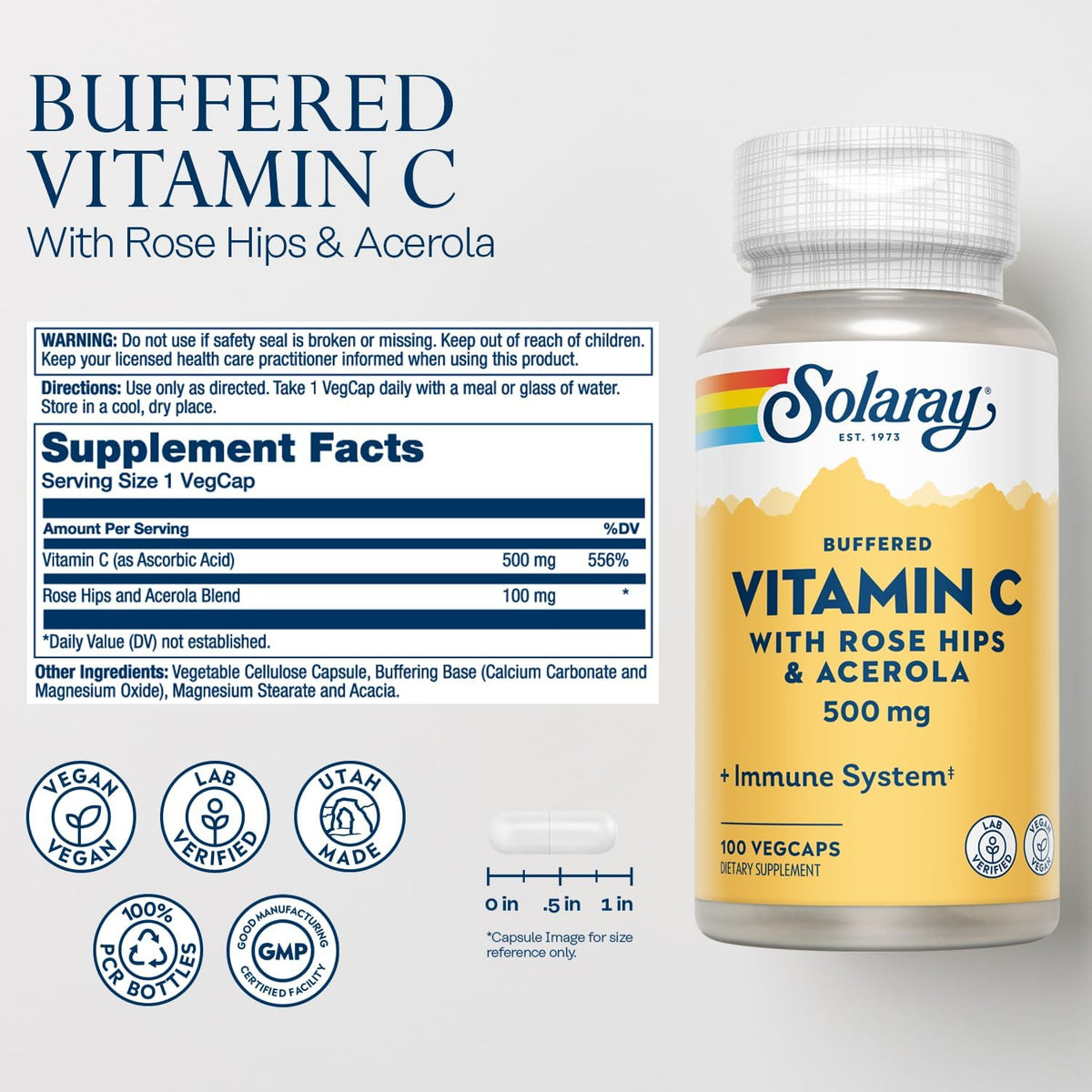 SOLARAY Vitamina C Tamponada 500 mg con Escaramujo y Acerola - 100 Cápsulas Veganas – Image 2