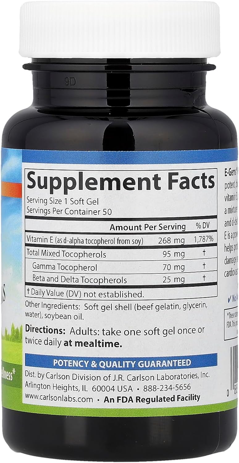 Carlson E-Gems Plus - 400 UI (268 mg) de Vitamina E Natural, 50 Cápsulas Blandas