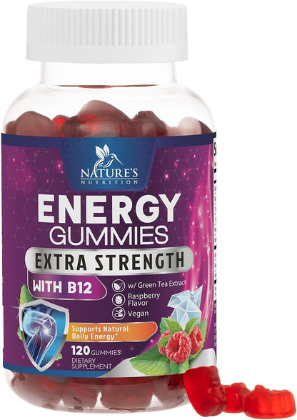 Energy Gummies - Vitamina B12 1000 mcg por ración - Gominolas energéticas diarias con cafeína natural del té verde, sabor a – Image 1