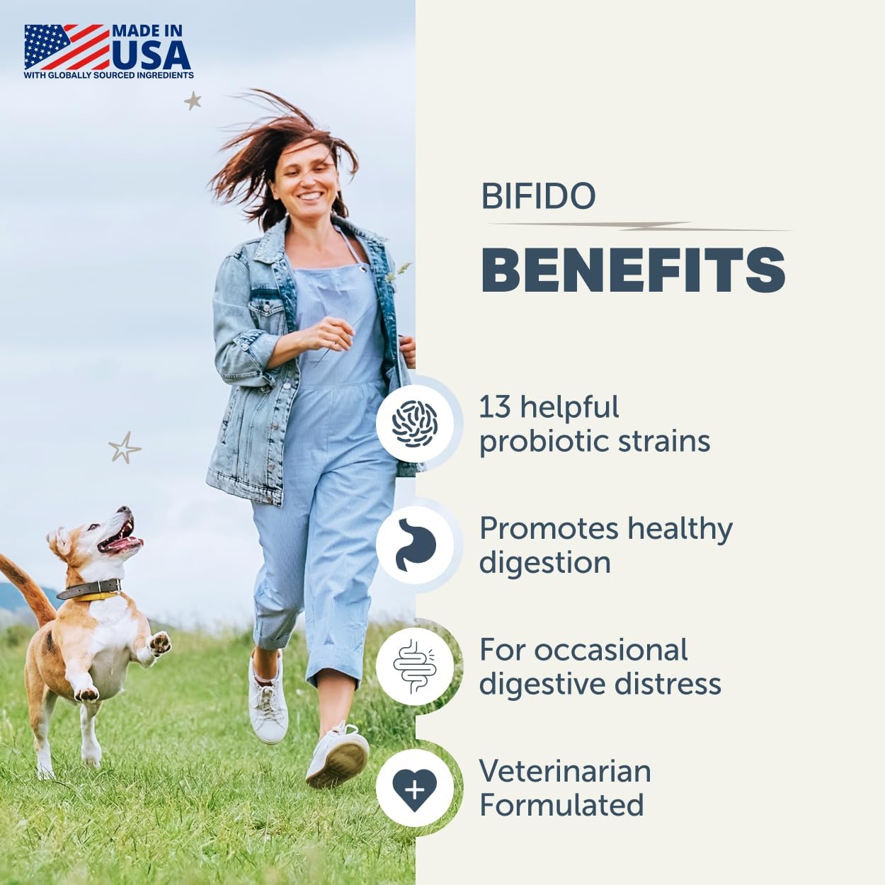 Bifido for Fido - Probióticos para perros para la salud digestiva e inmunitaria - 50 mil millones de UFC - Formulado por veterinarios - 30 días para perros grandes
