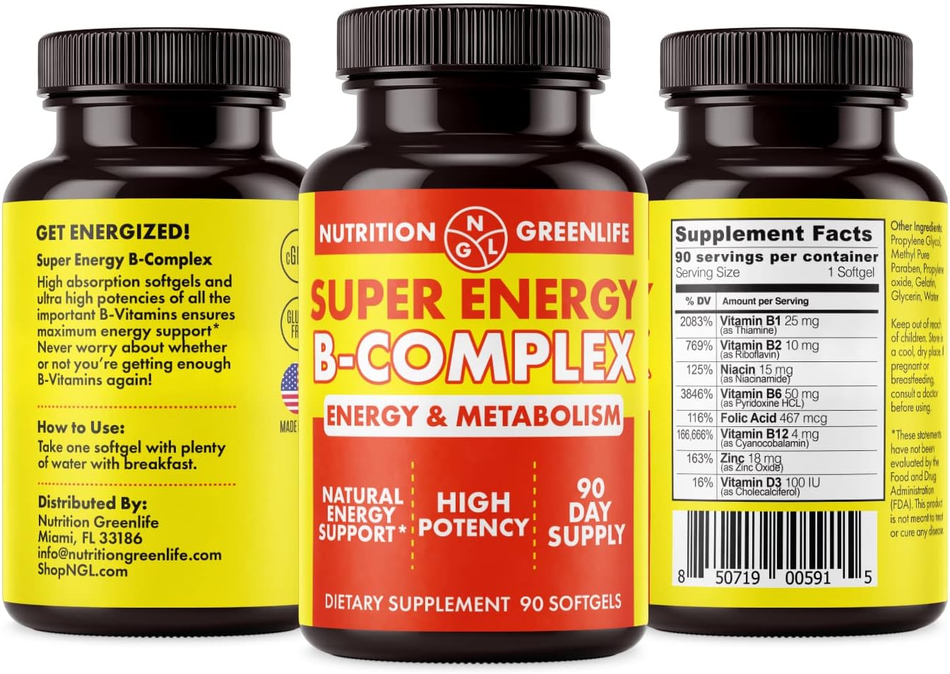 NGL Super Energy Vitamin B Complex Bioactive Cold Fill Softgels – Complejo B con Ácido Fólico, Zinc y Vitamina D, 90 Cápsulas