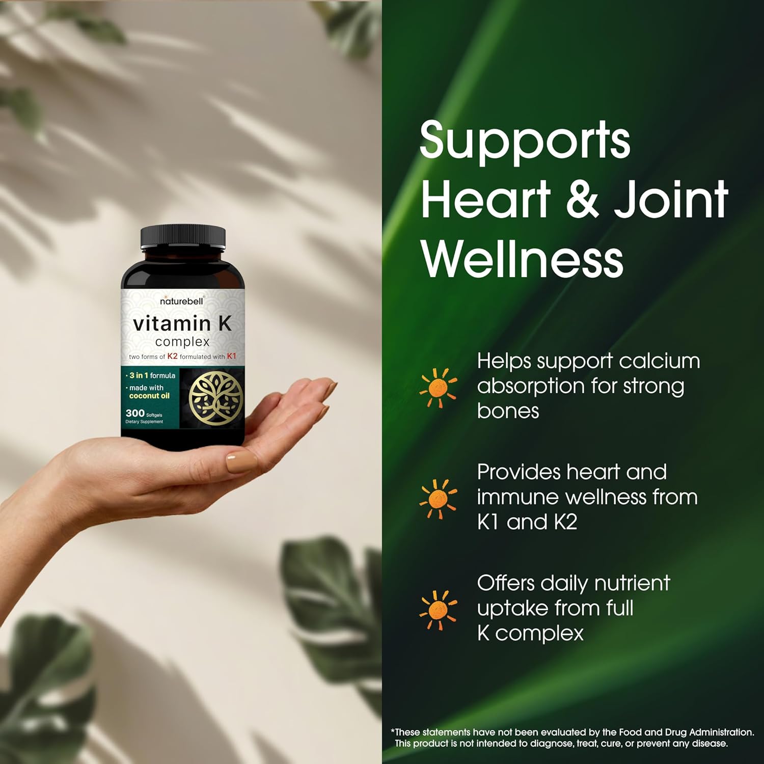NatureBell Complejo de Vitamina K - 300 Cápsulas Blandas - 2600mcg de Vitamina K - Espectro Completo K1 y K2 MK-4 y MK-7