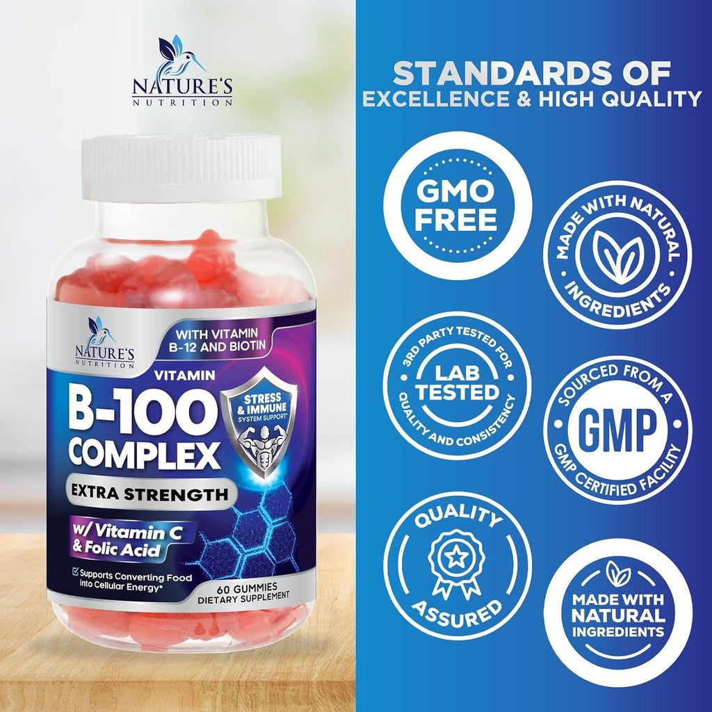 Vitamin B Complex Gummies – Extra Strength Super B Vitamin Gummy con Vitamina C, Apoyo Inmunológico para Hombres y Mujeres – Suplemento de Energía y Apoyo Cerebral con Ácido Fólico, Niacina, B6, B12 – 60 Gominolas