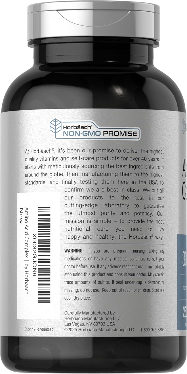 Horbäach Complejo de Aminoácidos 3000mg | 250 Caplets | Sin Gluten, No-GMO
