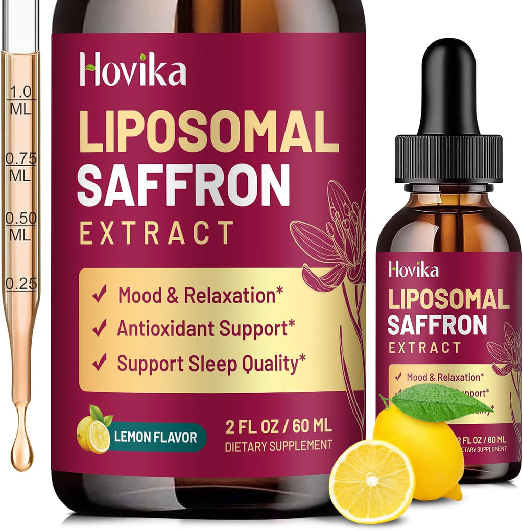 Hovika Suplemento de Azafrán Liposomal - 88.5 mg Extracto de Azafrán con L-Teanina, Manzanilla, Vitaminas C, B6, B12 y D3 - Apoyo al Estado de Ánimo, Energía y Enfoque - 60 ml Sabor Fresa