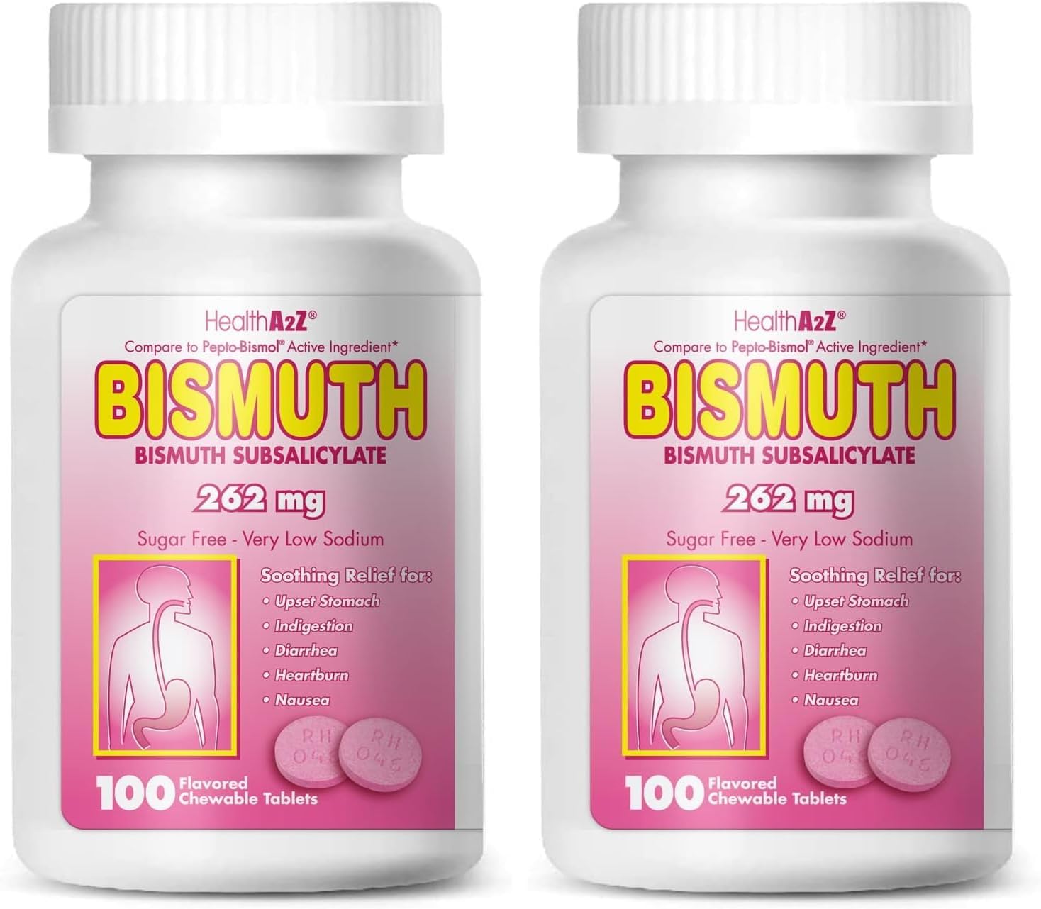 HealthA2Z® Bismuto | Subsalicilato de Bismuto 262 mg | Alivio Multisintomático | 50 Comprimidos Masticables