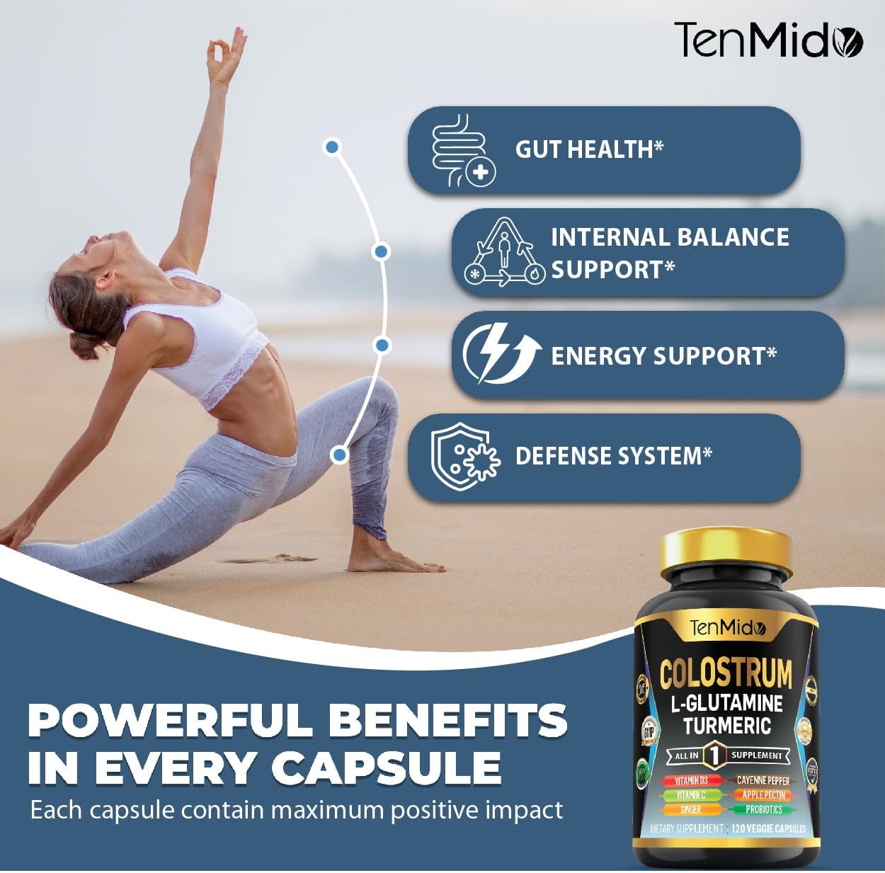 Suplemento de Calostro 10 en 1 con L-Glutamina, Cúrcuma y Probióticos - 120 Cápsulas
