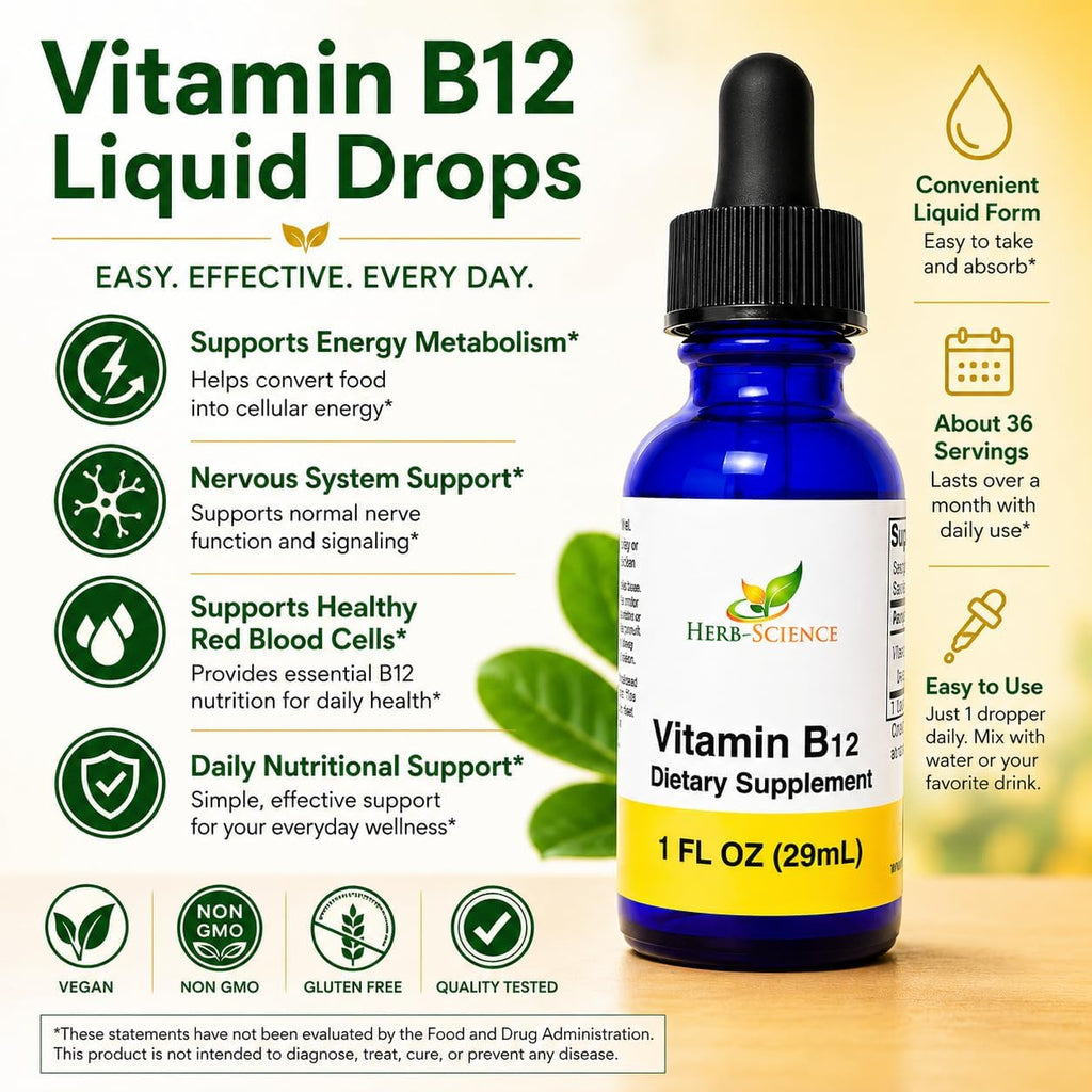 Herb-Science Vitamina B12 Líquida – Gotas Sublinguales de Cianocobalamina, Vegano, Sin Alcohol, 30 ml