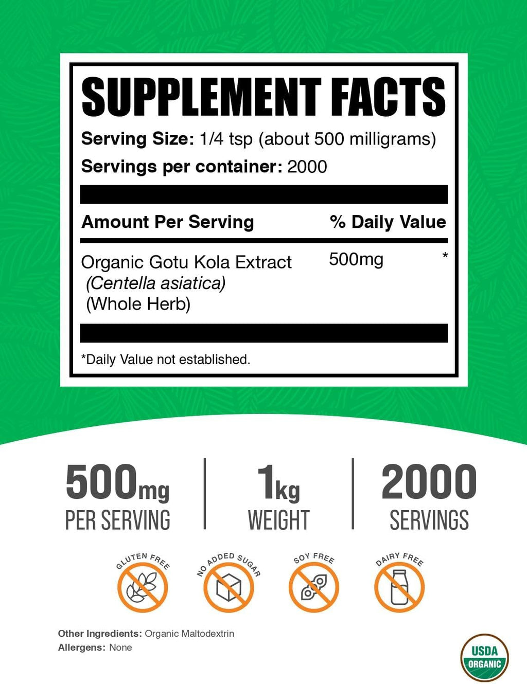 BulkSupplements.com Polvo de Extracto Orgánico de Gotu Kola - Sin Gluten, 500mg por Ración, 1kg