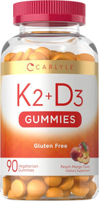 Carlyle Vitamina D3 K2 Gominolas | 90 Unidades | 5000 IU D3 + 50 mcg MK7 | Sabor Melocotón Mango | Vegetariano, Sin Gluten, No GMO