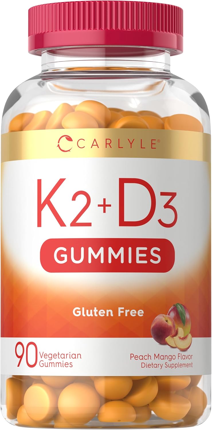 Carlyle Vitamina D3 K2 Gominolas | 90 Unidades | 5000 IU D3 + 50 mcg MK7 | Sabor Melocotón Mango | Vegetariano, Sin Gluten, No GMO
