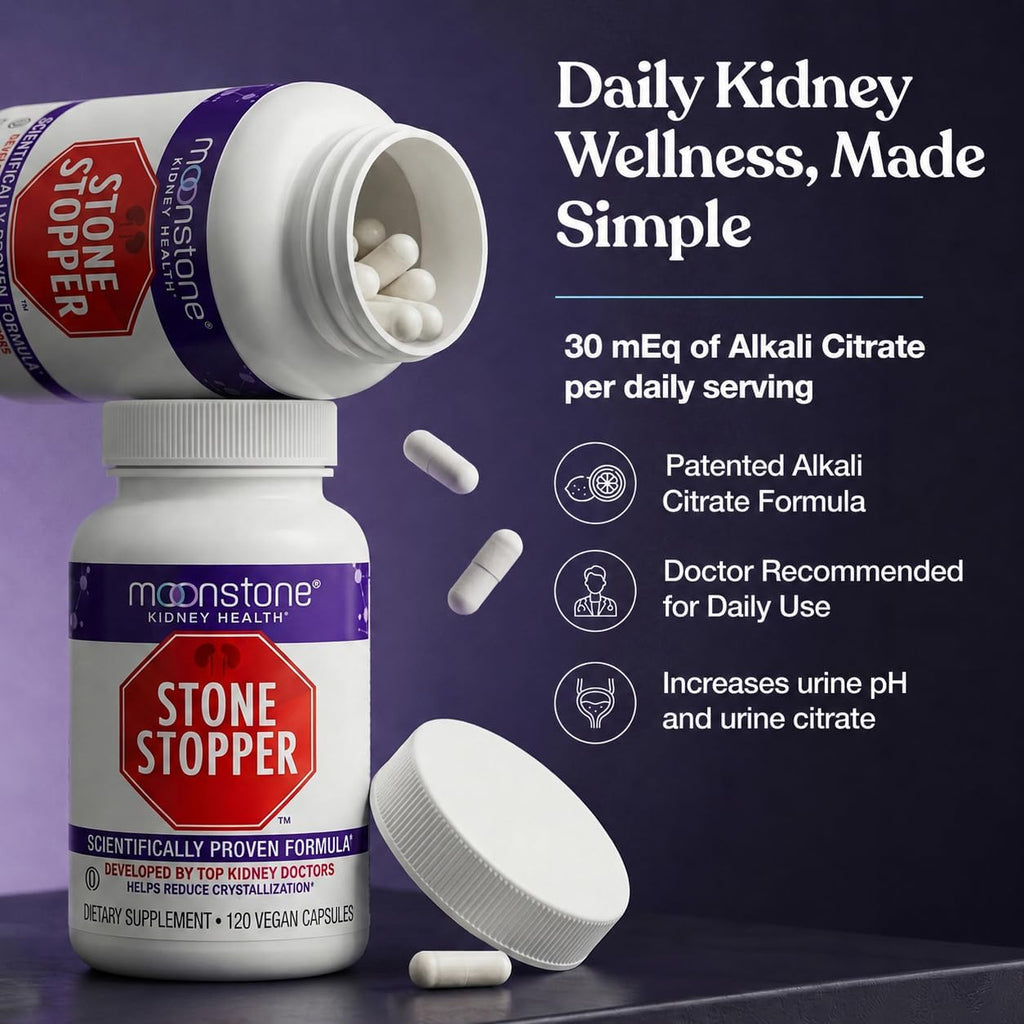 Moonstone Stone Stopper Cápsulas - Suplemento para la Prevención de Cálculos Renales con Citrato Alcalino, 360 Cápsulas (90 Días)