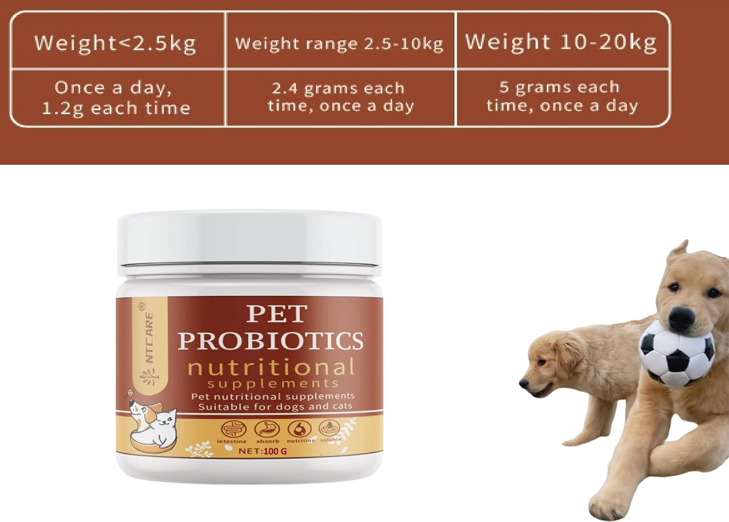 NTCARE Probióticos en Polvo para Perros y Gatos - Fórmula Veterinaria con Enzimas Digestivas y Prebióticos, 100g