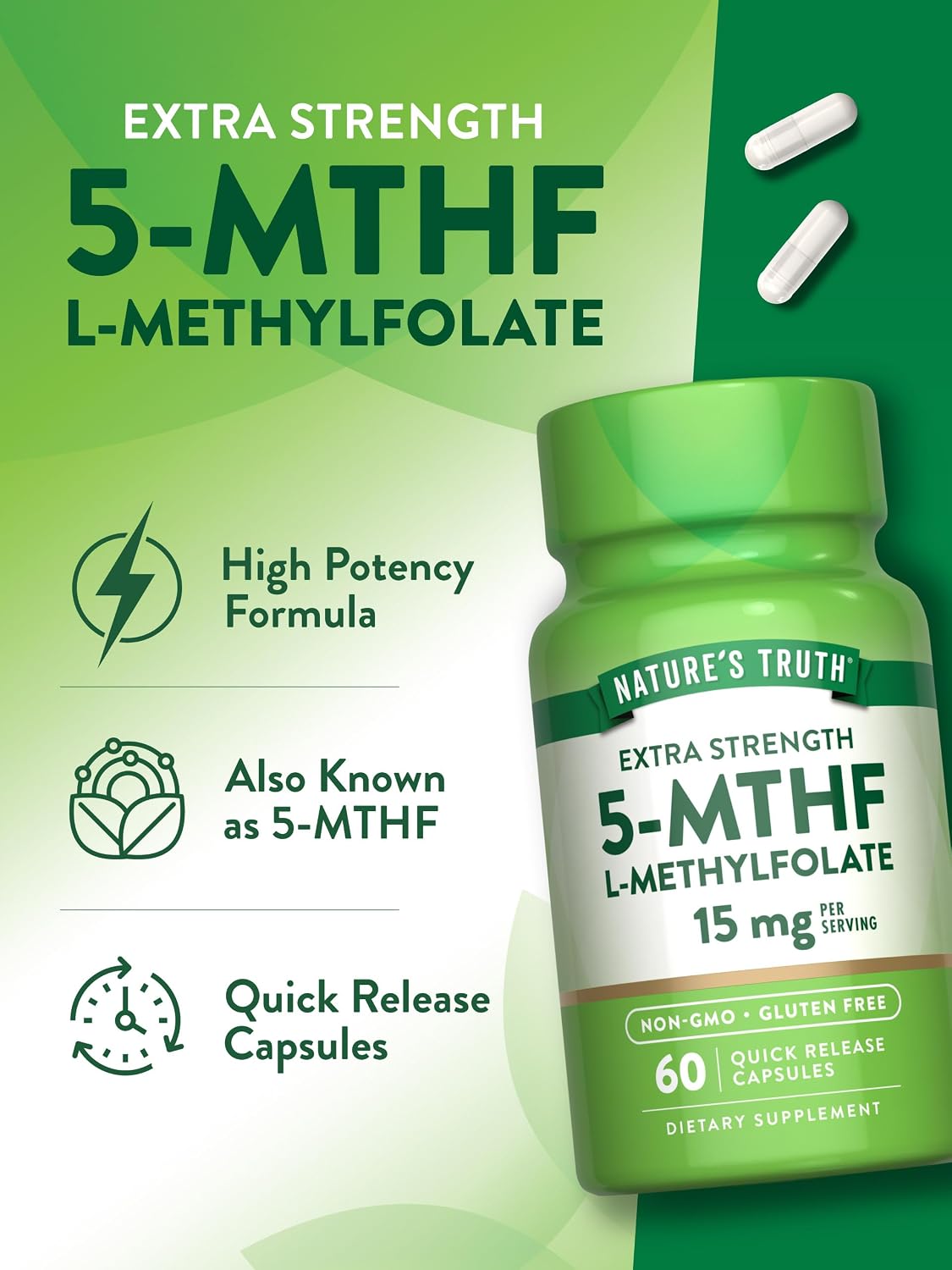 Nature's Truth L Methylfolate 15mg | 60 Cápsulas | Complemento Alimenticio Sin Gluten y No-GMO | Fórmula Extra Fuerte