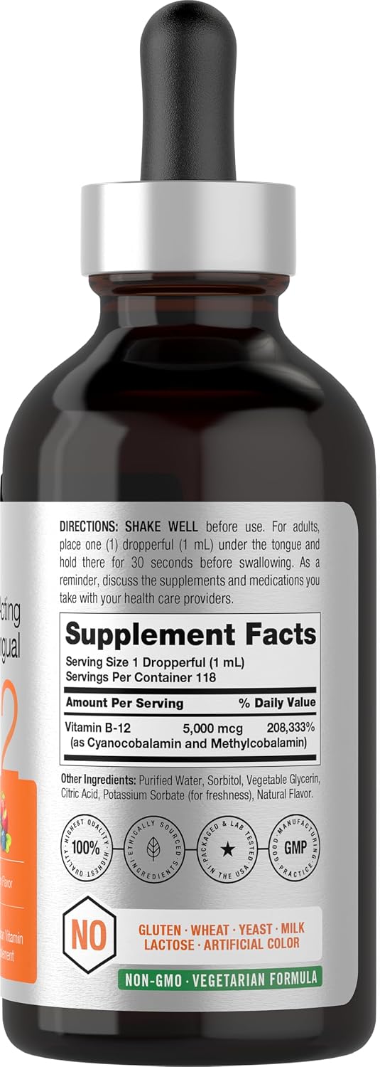 Horbaach Vitamina B12 5000 mcg Sublingual | Gotas Líquidas con Metilcobalamina y Cianocobalamina | Sabor Berry | Sin Gluten y No-GMO