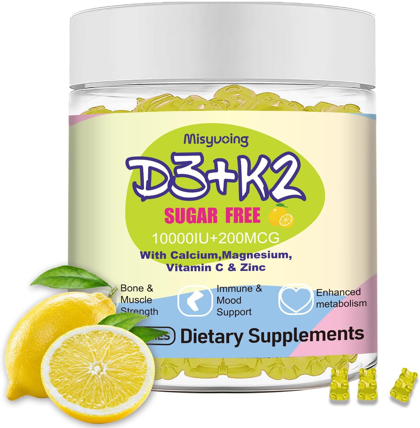 Vitamin D3 K2 Gummies, Vitamina D3 10000 UI con K2 200 mcg, Vitamina C, Calcio, Magnesio, Zinc, Apoyo para Huesos, Articulaciones, Músculos, Nervios y Sistema Inmunológico (60, Naranja, Sin Azúcar)