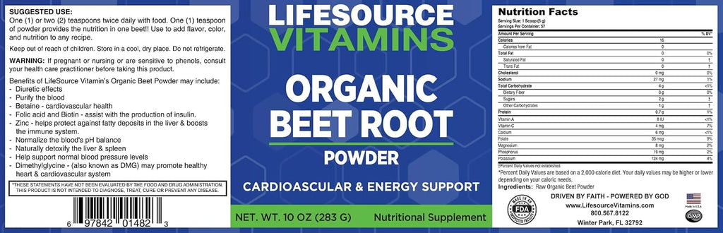 LifeSource Vitamins Polvo de Remolacha Orgánico - 284 g (10 oz)
