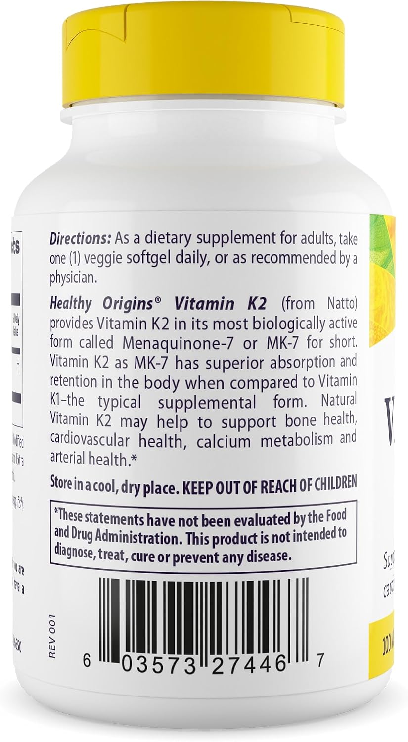 Healthy Origins Vitamina K2 100 mcg (MK-7, No OGM, Sin Gluten, Apoyo Cardiovascular y Óseo), 180 Cápsulas Vegetales