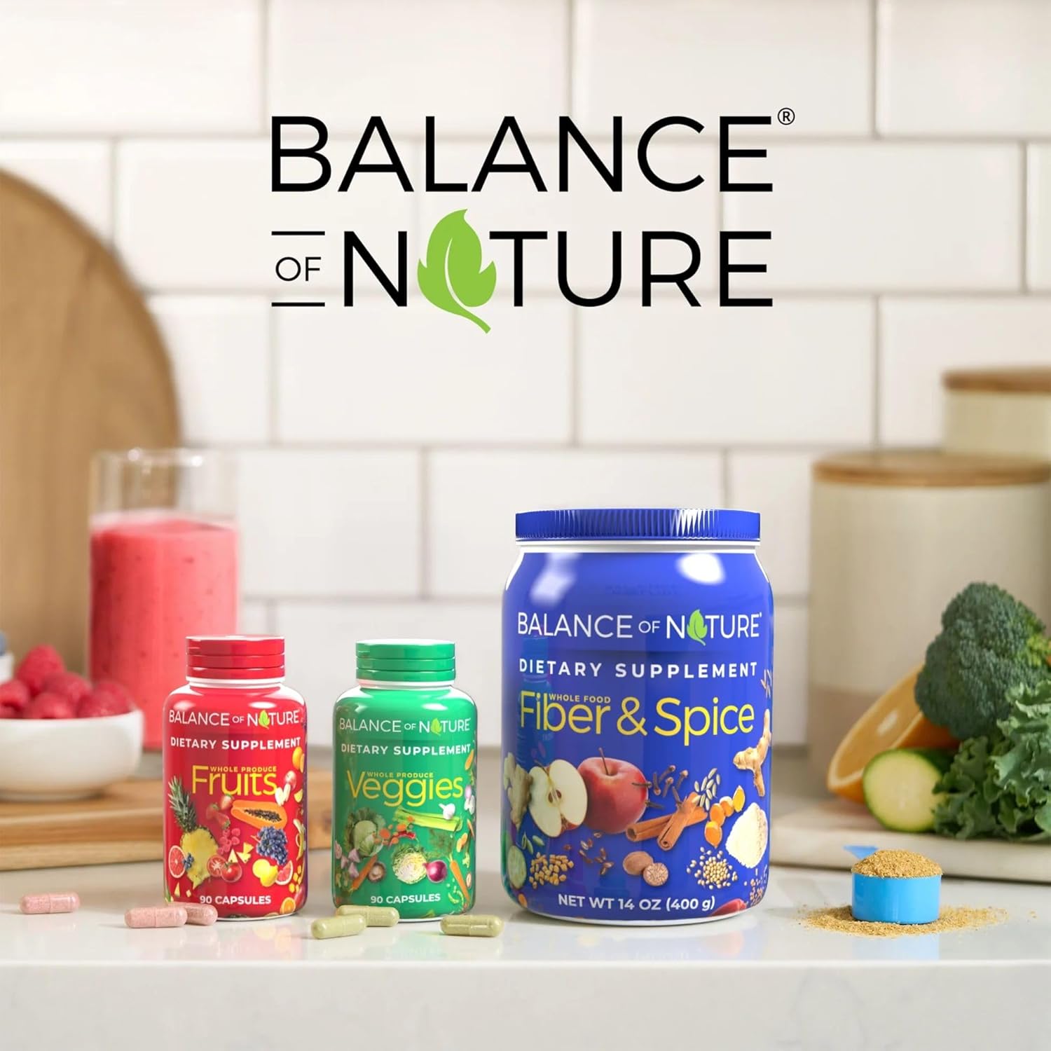 Balance of Nature Fiber & Spice - Cáscara de Psyllium, Semilla de Lino, Cúrcuma y Manzana - 30 Dosis