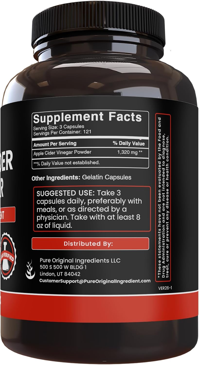 Pure Original Ingredients Vinagre de Manzana (365 Cápsulas) - Sin Rellenos, Siempre Puro, Verificado en Laboratorio
