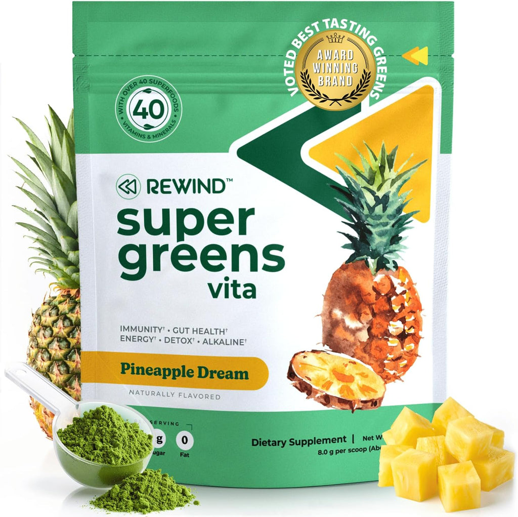 Rewind Best Tasting Super Greens Powder - Sabor Melocotón - 40+ Superalimentos con Vitaminas y Minerales