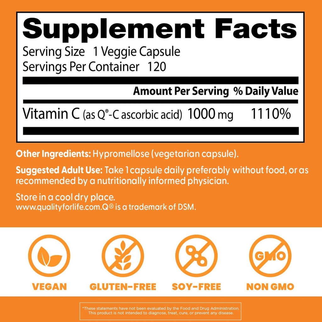 Doctor's Best Vitamina C 1000 mg - Ácido Ascórbico Q-C - 120 Cápsulas Veganas - No Transgénico, Sin Gluten, Sin Soja