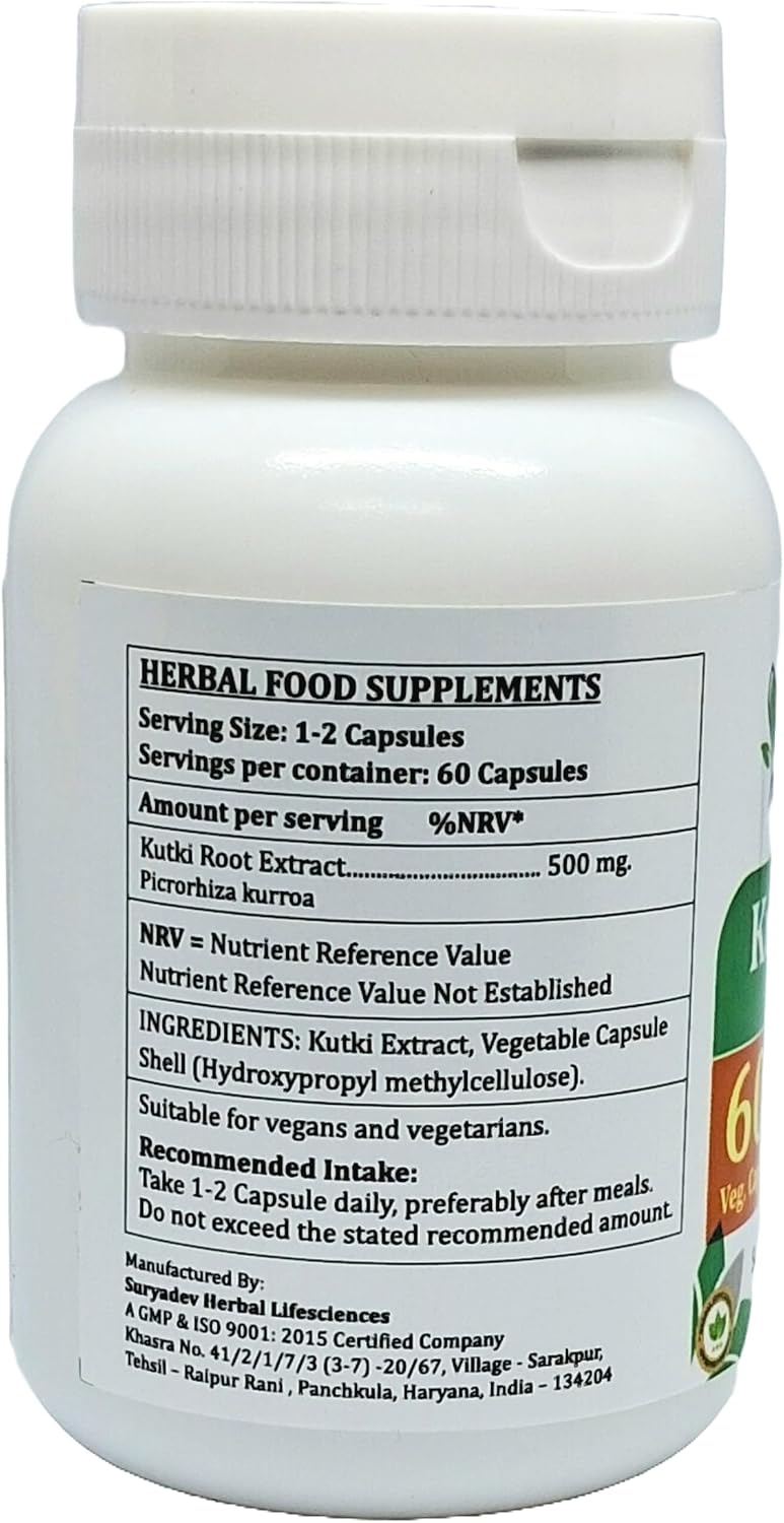 Satya Naturals Kutki Forte Cápsulas 500 mg - 60 Cápsulas Vegetales - Extracto de Kutki (Picrorhiza Kurroa) 10:1