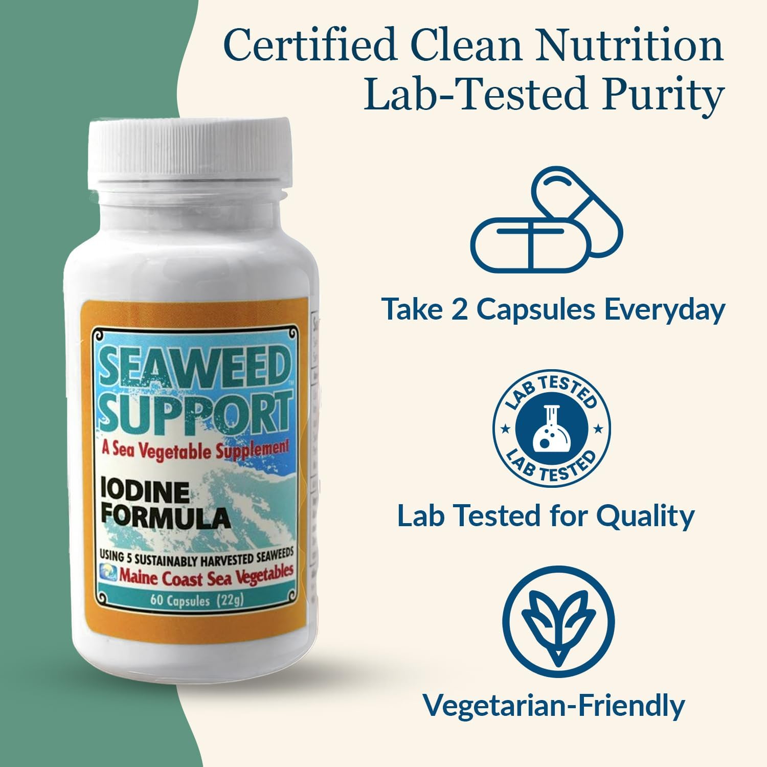 Maine Coast Sea Vegetables Seaweed Support Fórmula de Yodo | Fuente de Yodo de Algas Marinas | Suplemento Diario de Yodo | Mezcla Orgánica de Alaria, Rockweed, Sea Lettuce, Dulse y Bladderwrack | 60 Cápsulas