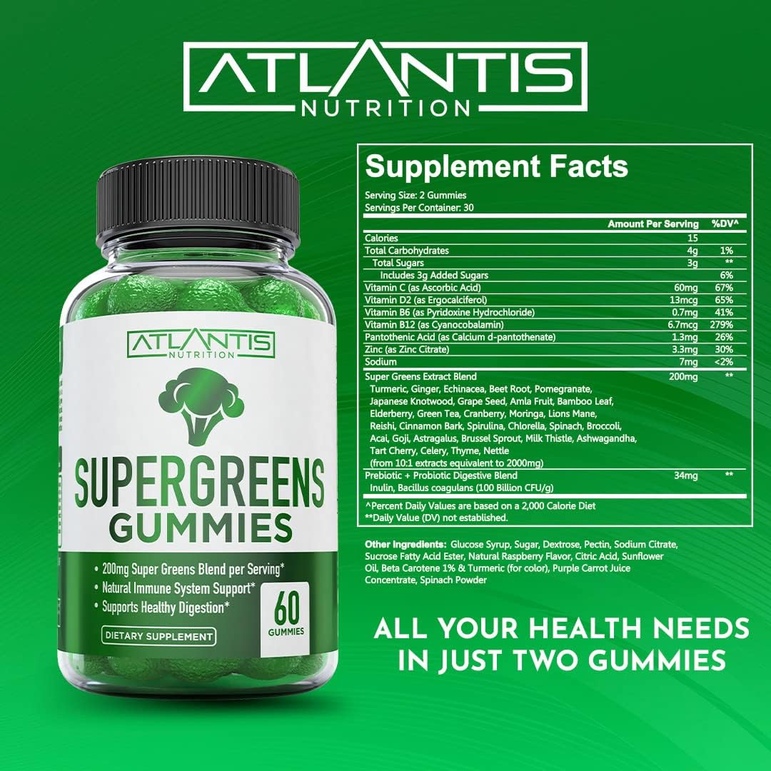 Supergreens Gummies - Complemento Diario de Superalimentos Verdes con Espinacas, Brócoli, Moringa, Remolacha, Apio, Té Verde y Acai - Sabor Frambuesa Natural, 60 Gominolas