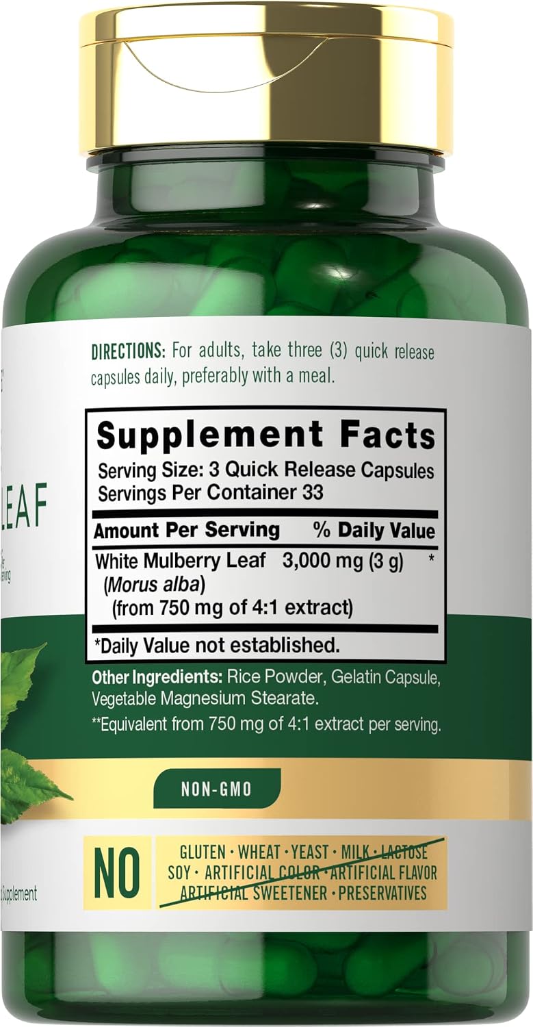 Carlyle Extracto de Hoja de Morera | 100 Cápsulas | Suplemento Herbal No-GMO y Sin Gluten