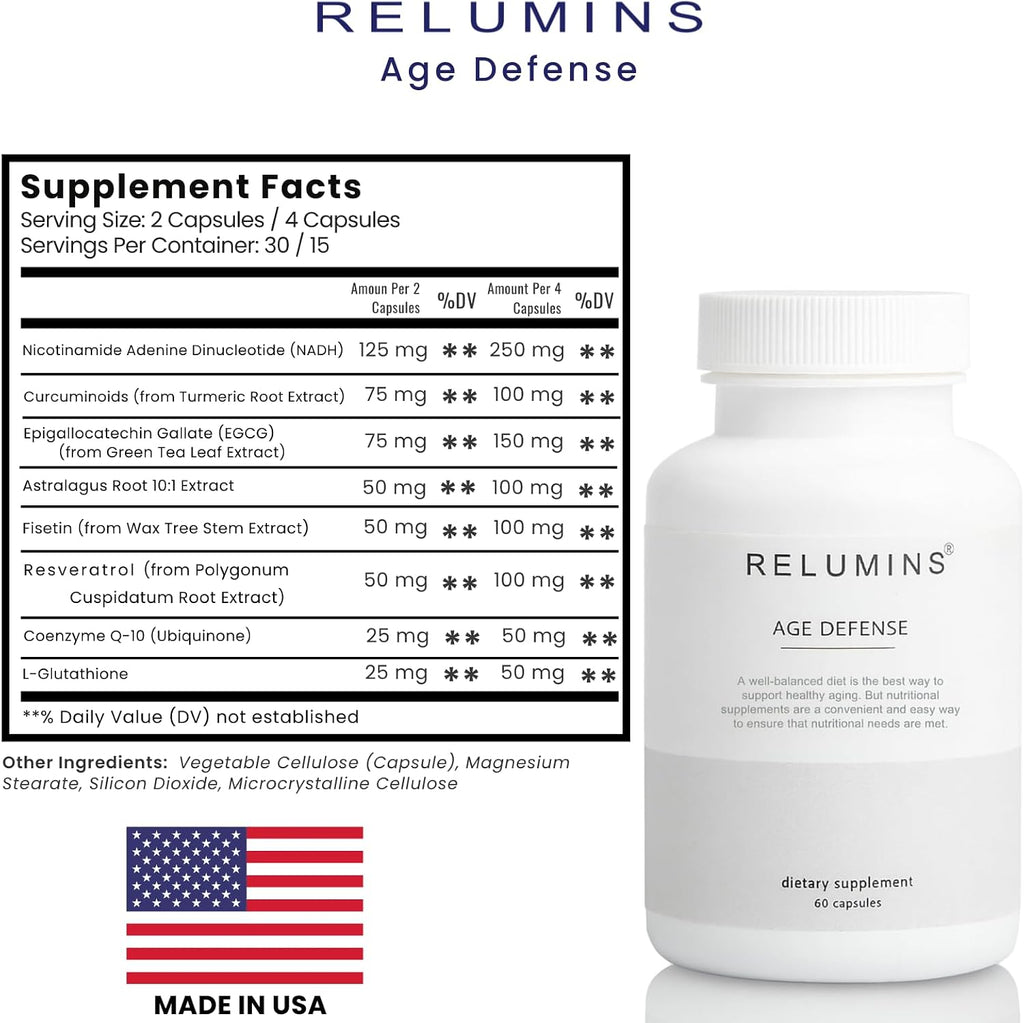 Relumins Age Defense NAD+ Supplement with NADH, CoQ10, Glutathione, Resveratrol, Fisetin, Curcumin & EGCG - Antioxidant Support Supplement – 60 Vegan Capsules