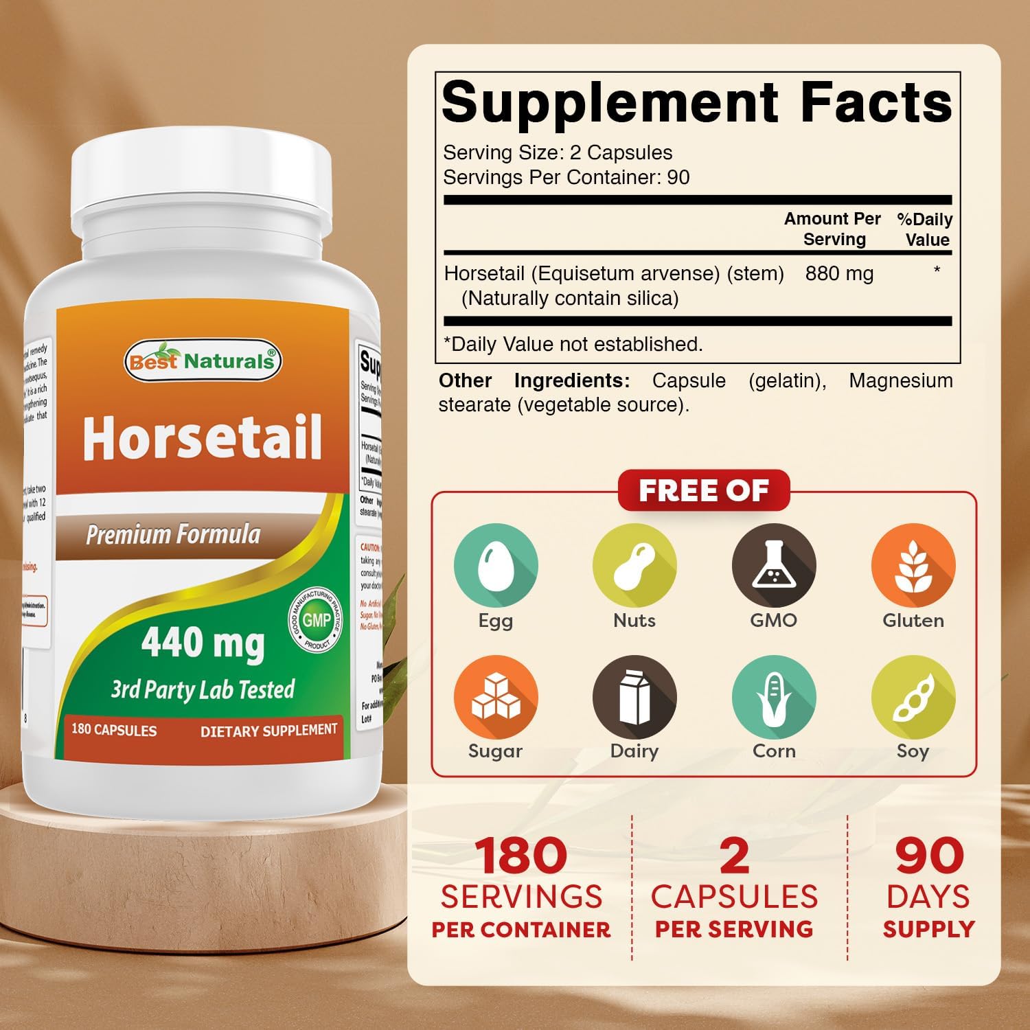 Best Naturals Cola de Caballo 440 mg – 180 Cápsulas (Pack de 3)