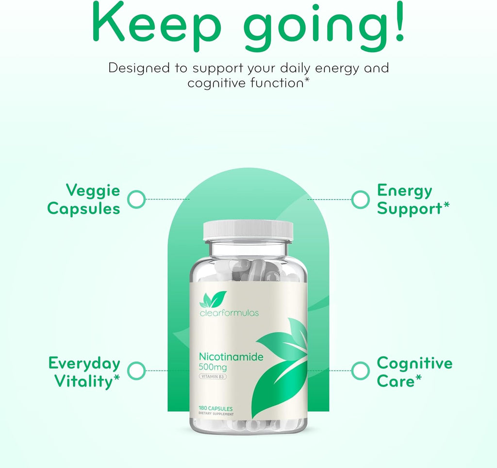 Vitamina B3 Nicotinamida 500 mg - Forma de alta absorción sin enrojecimiento - Precursor de NAD+ - 180 cápsulas