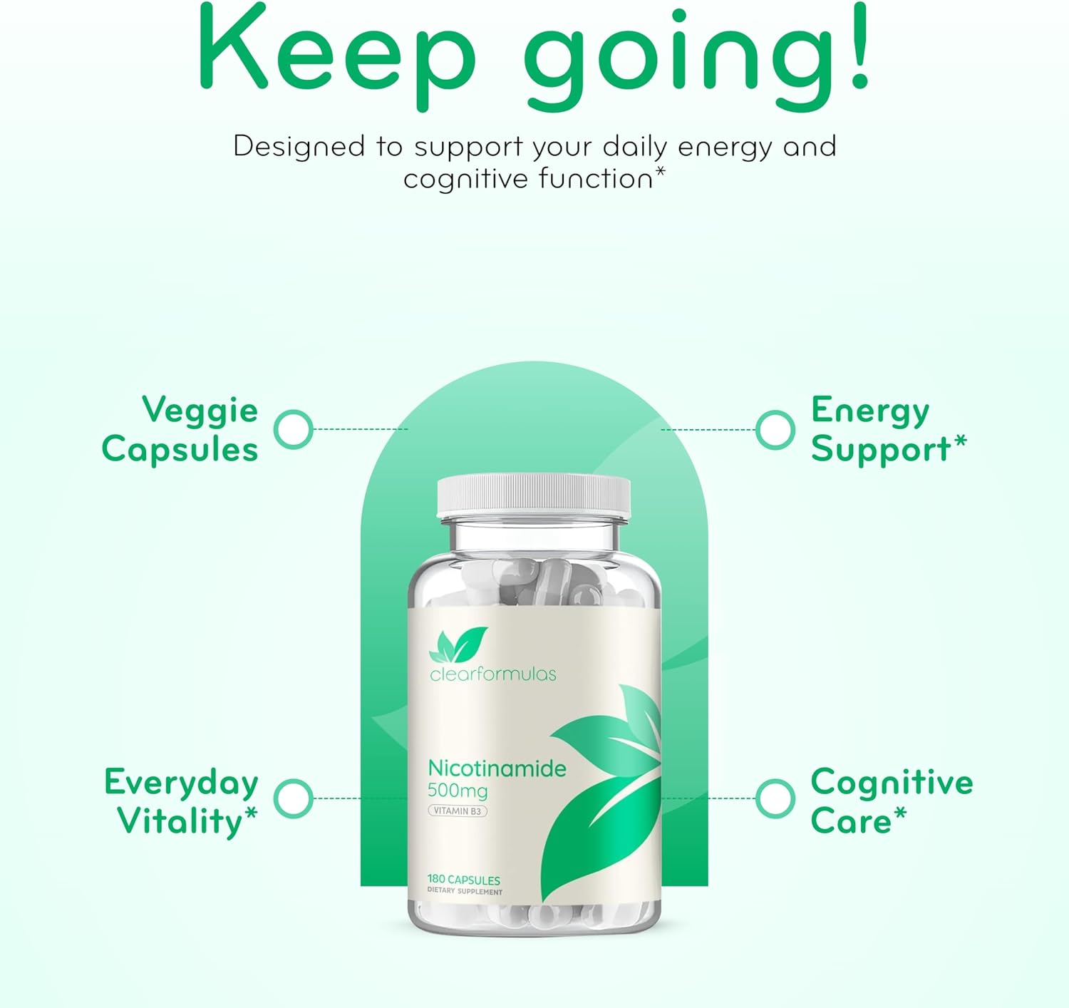 Vitamina B3 Nicotinamida 500 mg - Forma de alta absorción sin enrojecimiento - Precursor de NAD+ - 180 cápsulas