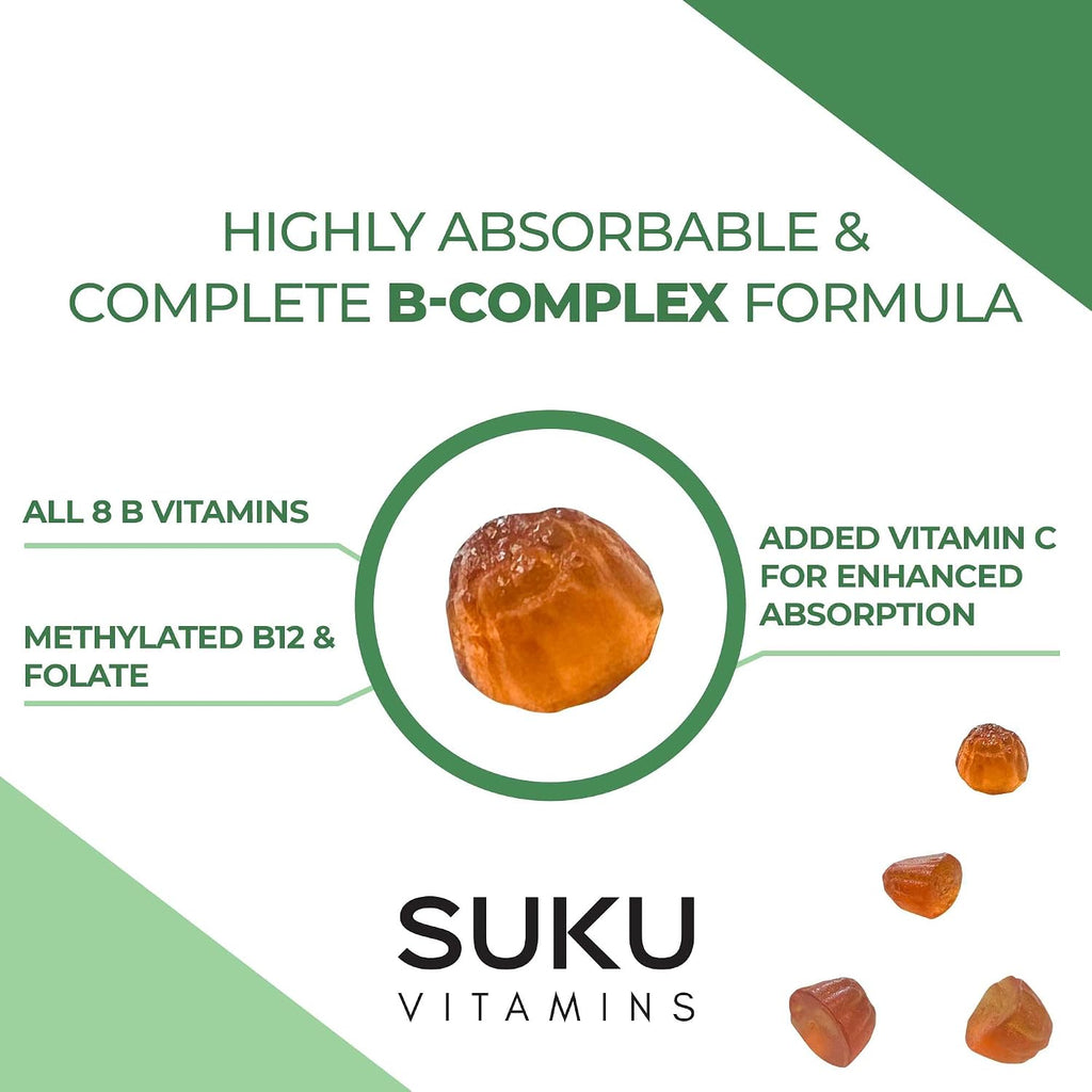 SUKU Gomitas de Complejo B con Vitamina C – Sin Azúcar, Vegano, 8 Vitaminas B, Sabor Melocotón (50 Gomitas)
