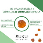 SUKU Gomitas de Complejo B con Vitamina C – Sin Azúcar, Vegano, 8 Vitaminas B, Sabor Melocotón (50 Gomitas)