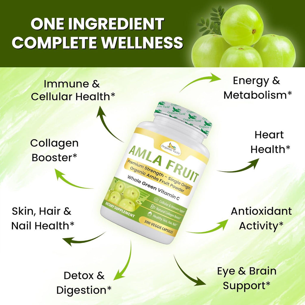 Organic Veda Amla Cápsulas - 1500mg, 300 Cápsulas - Suplemento Natural de Vitamina C con Antioxidantes