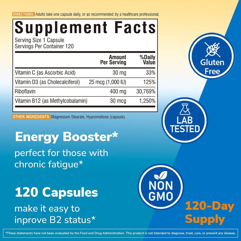 Vitamina B2 400 mg, Riboflavina, Vitamina B Esencial Diaria, Forma Fácilmente Absorbible, con B12, D3, VC, 120 Cápsulas