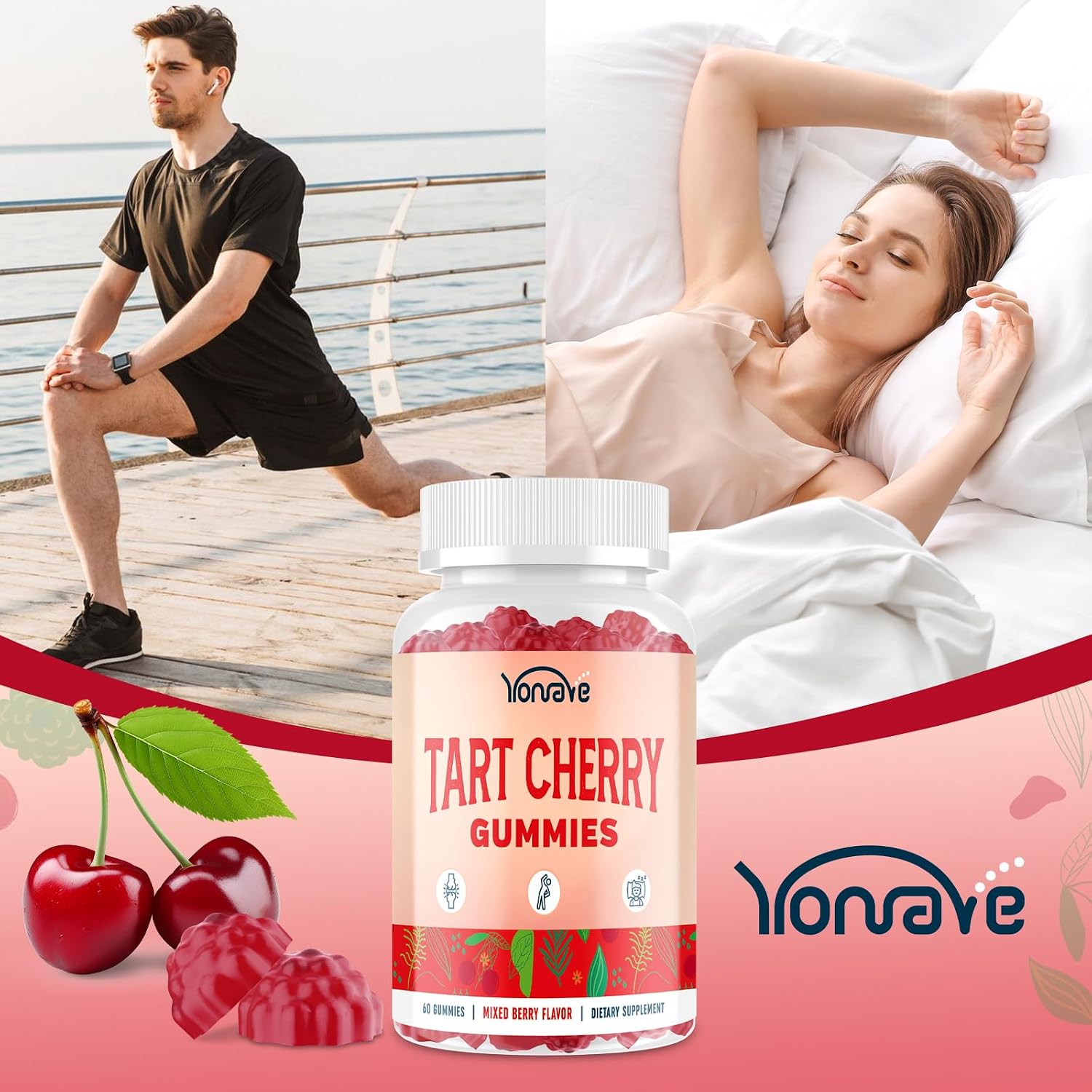 Yonrave Gominolas de Cereza Ácida – Suplemento Vegano con Vitamina C y Semilla de Apio – Sabor a Bayas Mixtas, 60 Unidades